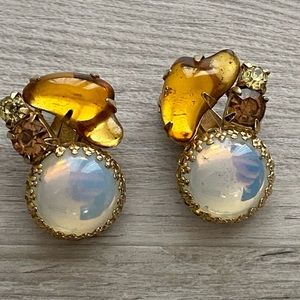 Vintage clip on earrings lusterware drops amber accent and rhinestones